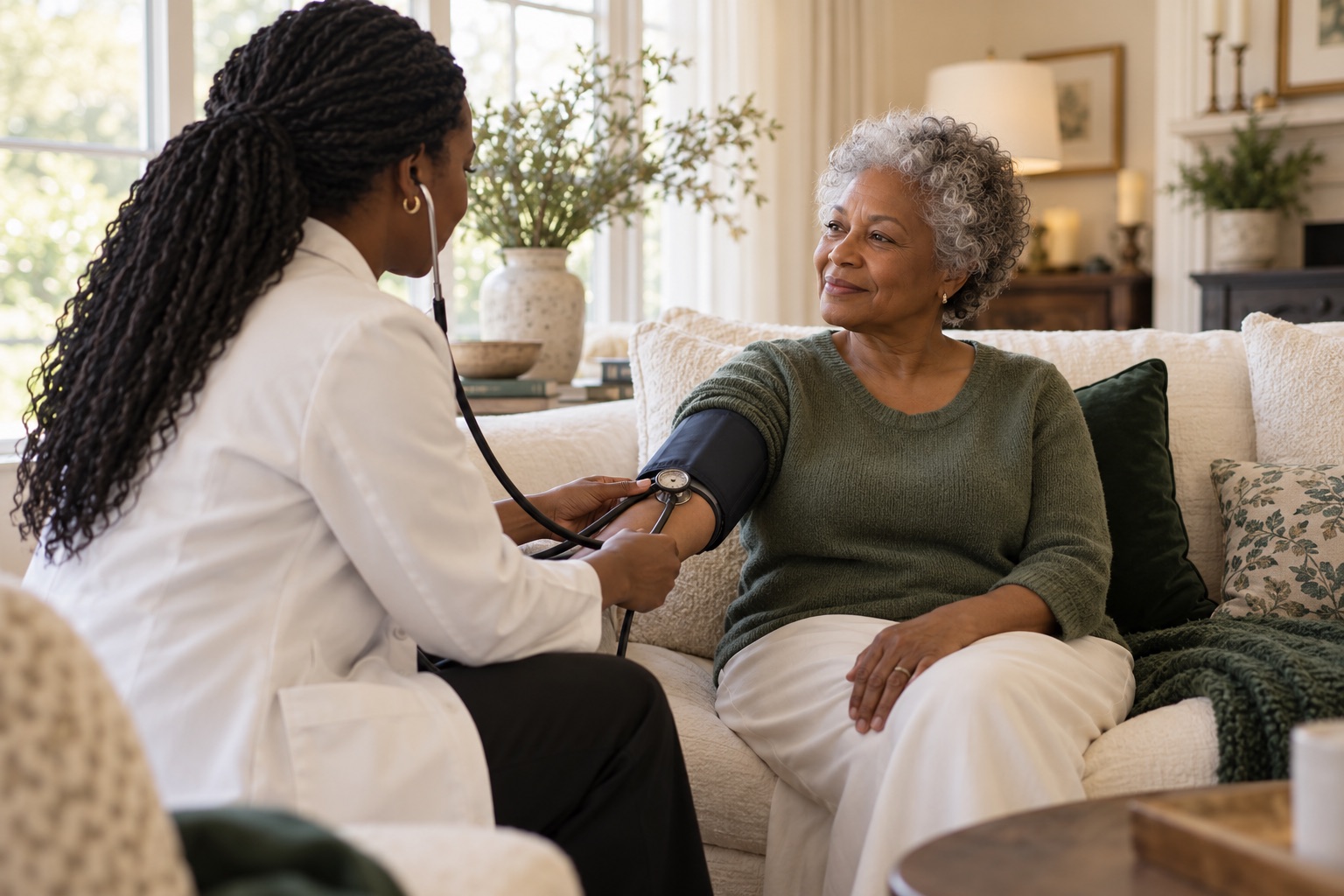 Healthcare provider checking blood pressure during a home visit